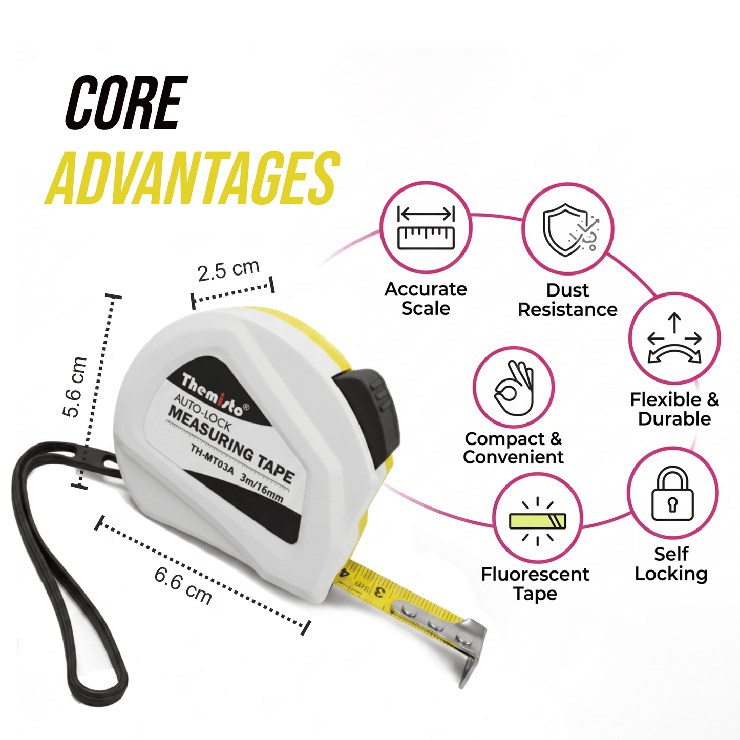 Themisto TH-MT03A 3m Auto Lock Measuring Tape | Steel Blade Tape Measure | 16mm Wide Scale | Easy Read Markings | One Button Retract | Wrist Strap | Belt Clip