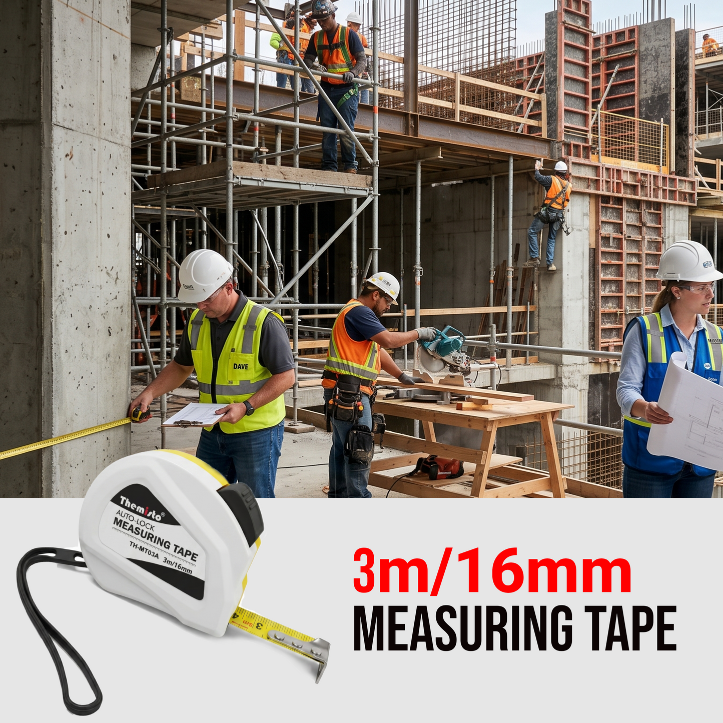 Themisto TH-MT03A 3m Auto Lock Measuring Tape | Steel Blade Tape Measure | 16mm Wide Scale | Easy Read Markings | One Button Retract | Wrist Strap | Belt Clip