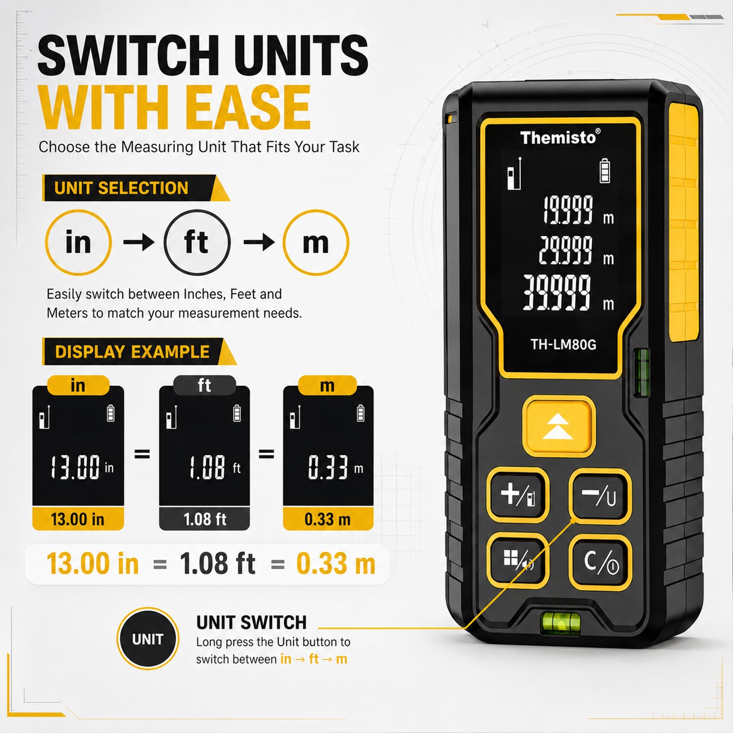 Themisto TH-LM80G Laser Distance Meter | Green Laser | 80M Range | Dual Bubble Levels | Area, Volume & Pythagorean Measurement | Backlit LCD Display | Auto Calculation