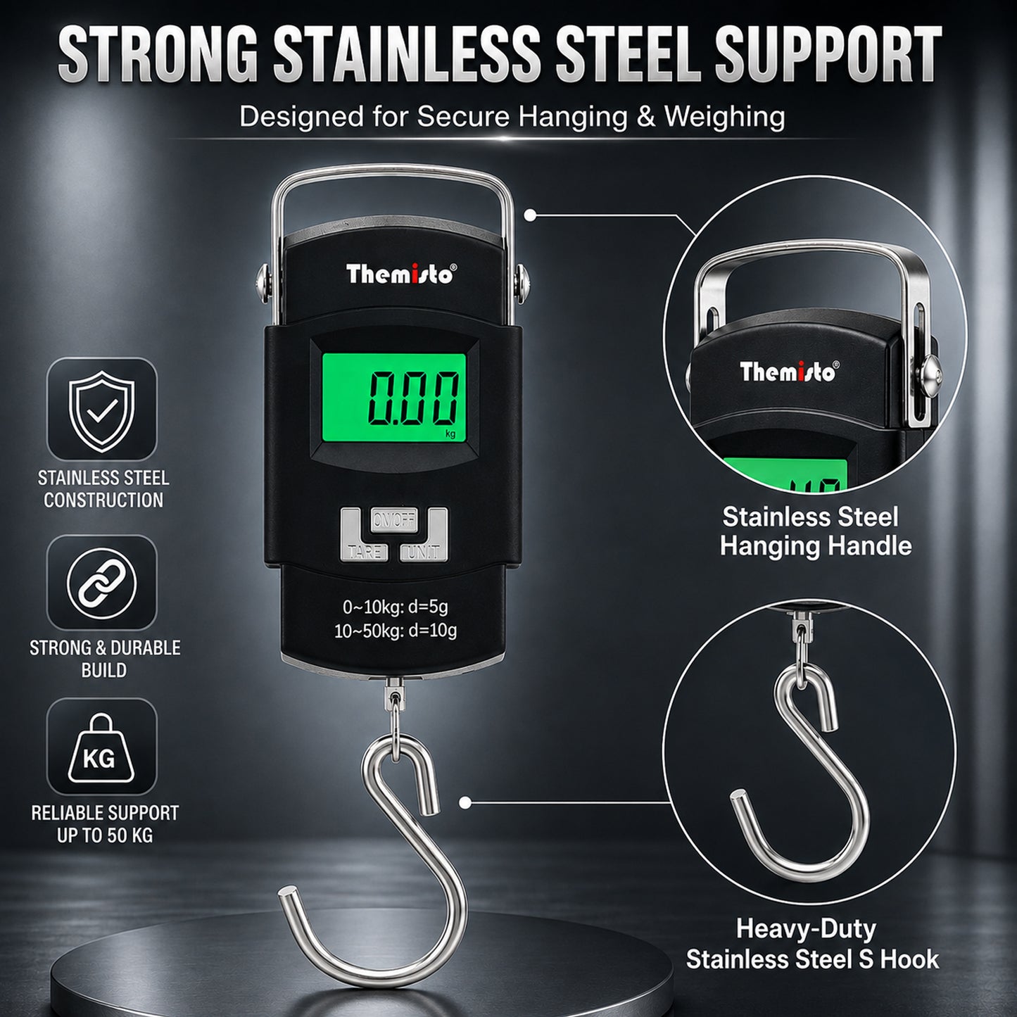 Themisto TH-WS01 Digital Hanging Luggage Scale | 50kg Portable Travel Weighing Scale with LCD Display (Black)