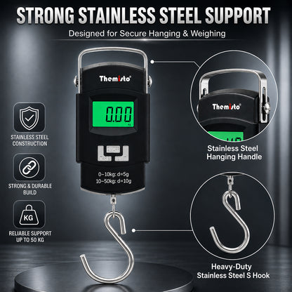 Themisto TH-WS01 Digital Hanging Luggage Scale | 50kg Portable Travel Weighing Scale with LCD Display (Black)