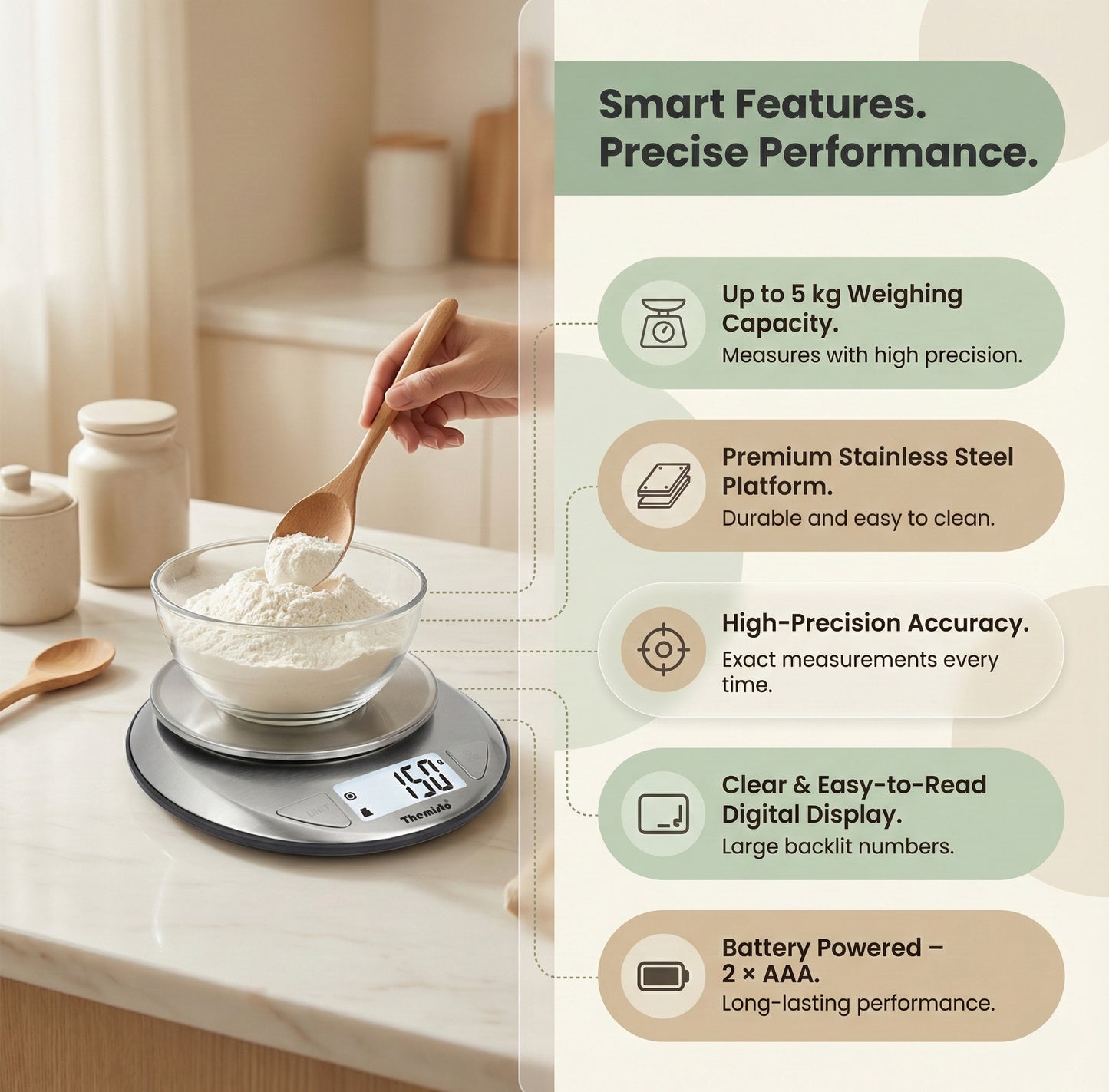 Themisto TH-WS20 Digital Kitchen Weighing Scale Stainless Steel (5Kg)