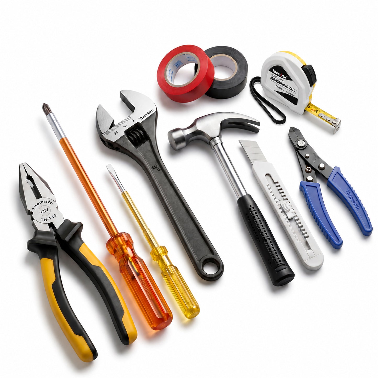 THEMISTO TH-TK04 | 10 IN 1 | Hand Tool Kit ( 8" Plier, 8" Wrench, 8" Hex Screwdriver, Electric Tester, Wire Stripper, Paper Cutter, 400g Claw hammer, 3m Measuring Tape, Black & Red Insulation Tape