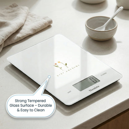 Themisto TH-WS19  Digital Kitchen Weighing Scale With Touch Screen Controls | Max Capacity 5kg | Tempered Glass | Tare Function