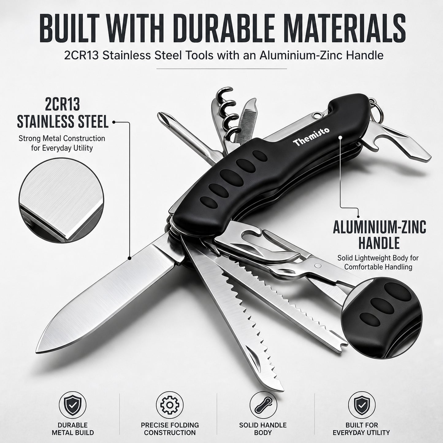 THEMISTO TH-T40 10 in 1 Multi Tool Pocket Knife, Folding Multi Functional Hand Tool with Knife, Saw, Scissors, Screwdriver, Bottle Opener, File & Corkscrew for Camping, Travel & DIY