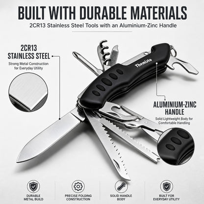 THEMISTO TH-T40 10 in 1 Multi Tool Pocket Knife, Folding Multi Functional Hand Tool with Knife, Saw, Scissors, Screwdriver, Bottle Opener, File & Corkscrew for Camping, Travel & DIY