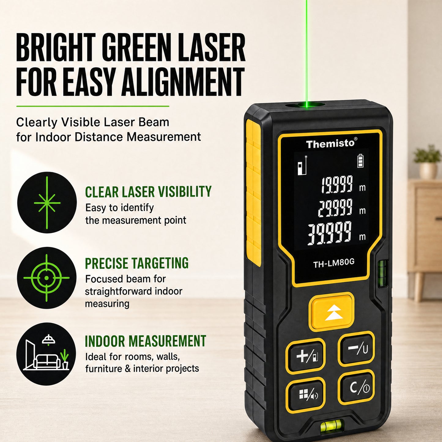 Themisto TH-LM80G Laser Distance Meter | Green Laser | 80M Range | Dual Bubble Levels | Area, Volume & Pythagorean Measurement | Backlit LCD Display | Auto Calculation