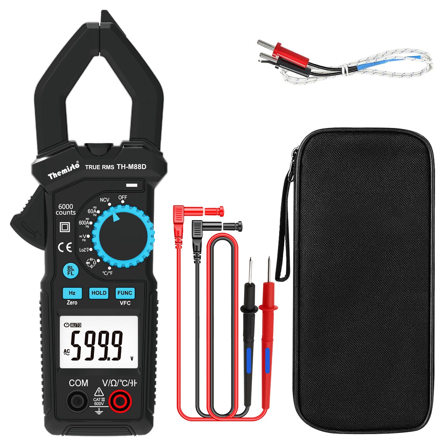 THEMISTO TH-M88D Auto Range, AC/DC Current, True Rms Digital Clamp Meter (600A,6000 Counts), Black