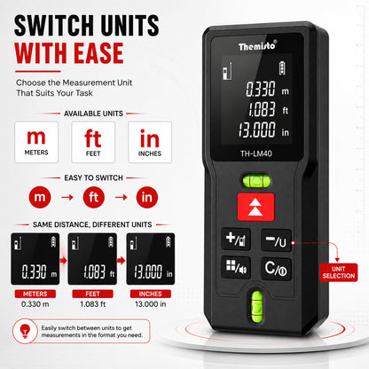 Themisto TH-LM40 Laser Distance Meter | 40M Range | Dual Bubble Levels | Area, Volume & Pythagorean Measurement | Backlit LCD Display | Auto Calculation