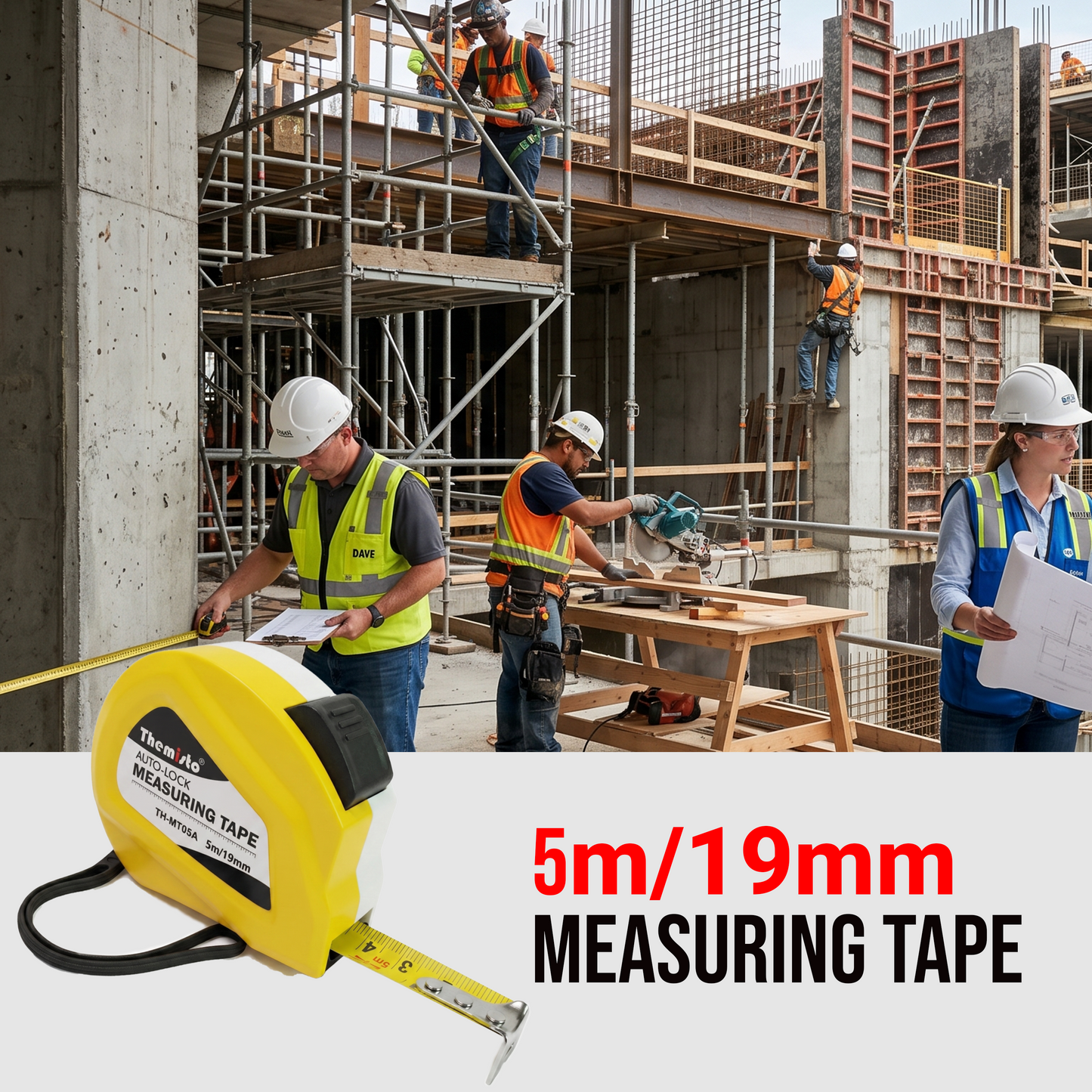 Themisto TH-MT05A 5m Auto Lock Measuring Tape | Steel Blade Tape Measure | 19mm Wide Scale | Easy Read Markings | One Button Retract | Wrist Strap | Belt Clip