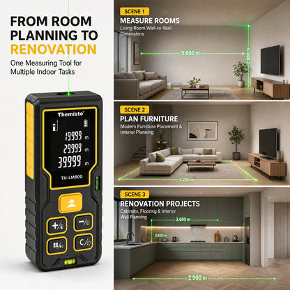 Themisto TH-LM80G Laser Distance Meter | Green Laser | 80M Range | Dual Bubble Levels | Area, Volume & Pythagorean Measurement | Backlit LCD Display | Auto Calculation