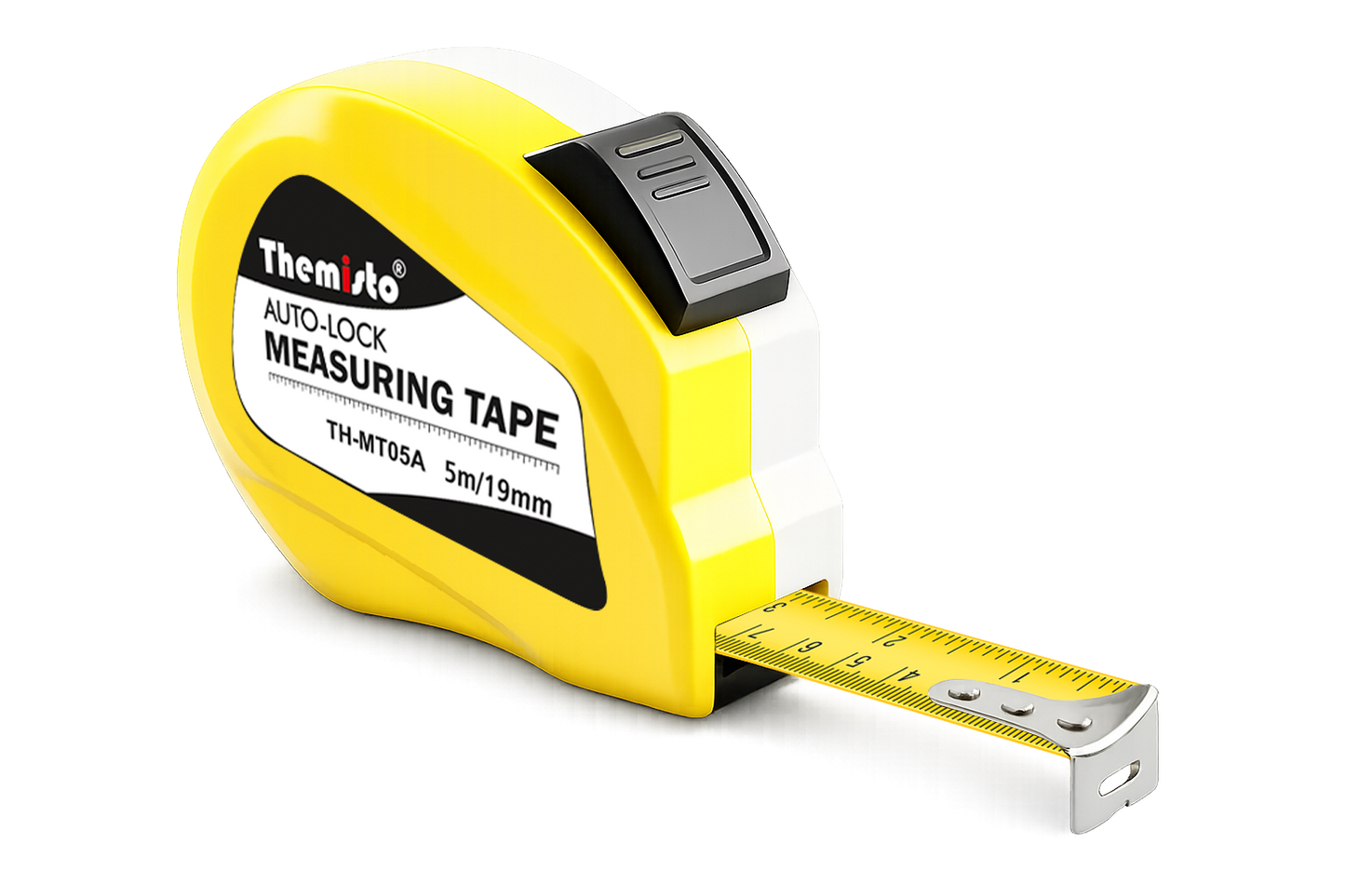 Themisto TH-MT05A 5m Auto Lock Measuring Tape | Steel Blade Tape Measure | 19mm Wide Scale | Easy Read Markings | One Button Retract | Wrist Strap | Belt Clip
