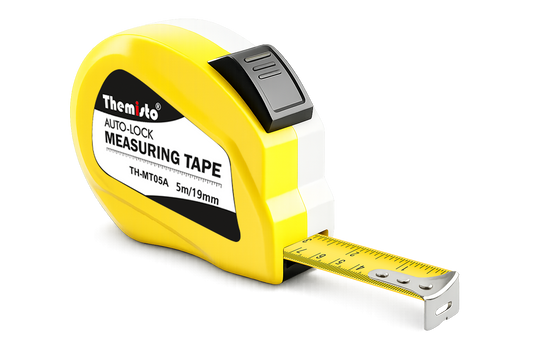 Themisto TH-MT05A 5m Auto Lock Measuring Tape | Steel Blade Tape Measure | 19mm Wide Scale | Easy Read Markings | One Button Retract | Wrist Strap | Belt Clip