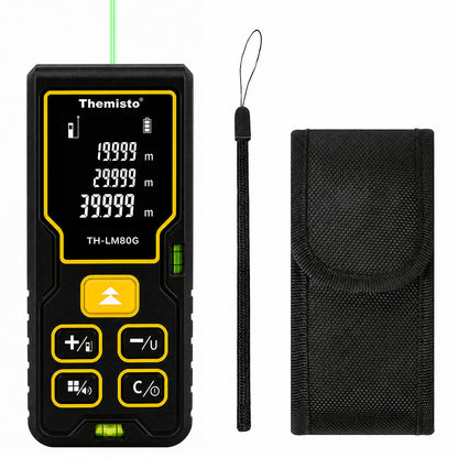 Themisto TH-LM80G Laser Distance Meter | Green Laser | 80M Range | Dual Bubble Levels | Area, Volume & Pythagorean Measurement | Backlit LCD Display | Auto Calculation