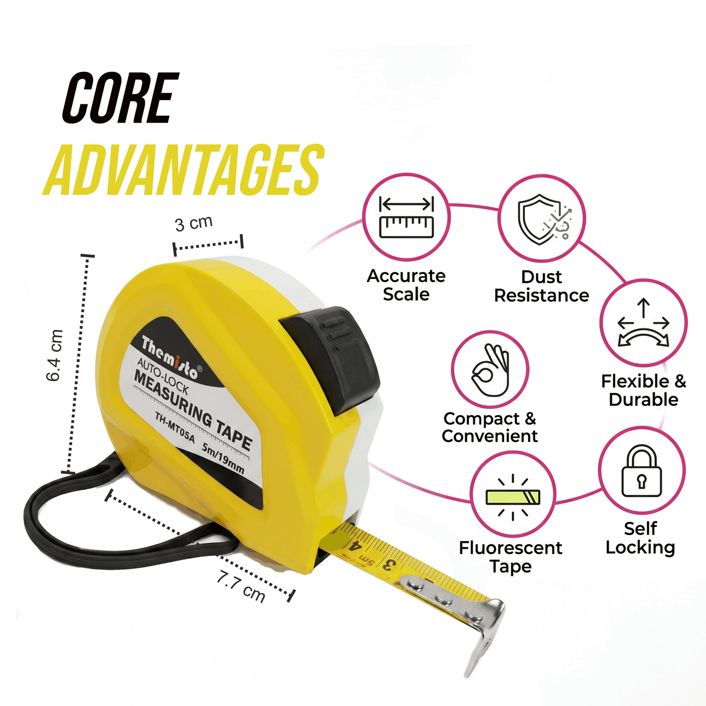 Themisto TH-MT05A 5m Auto Lock Measuring Tape | Steel Blade Tape Measure | 19mm Wide Scale | Easy Read Markings | One Button Retract | Wrist Strap | Belt Clip