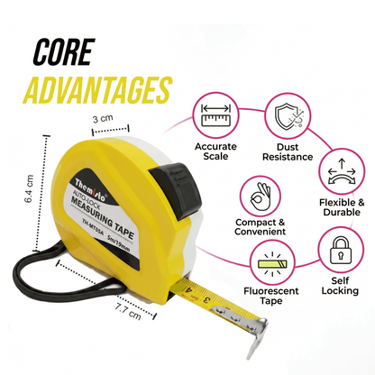 Themisto TH-MT05A 5m Auto Lock Measuring Tape | Steel Blade Tape Measure | 19mm Wide Scale | Easy Read Markings | One Button Retract | Wrist Strap | Belt Clip