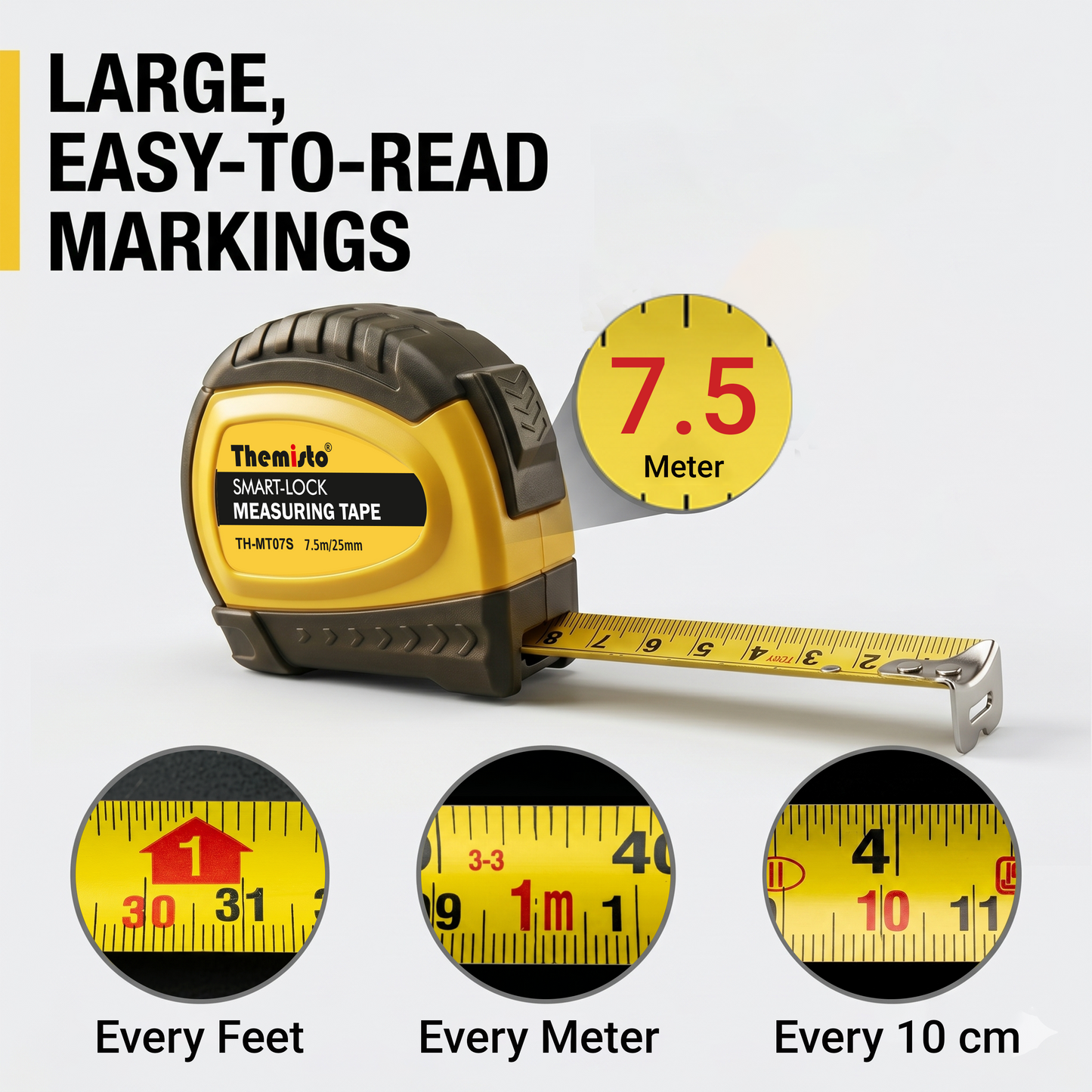 Themisto TH-MT07S 7.5m Smart Lock Measuring Tape | Steel Blade Tape Measure | Non Slip TPR Grip | 25mm Wide Scale | Easy Read Markings | One Button Retract | Wrist Strap | Belt Clip
