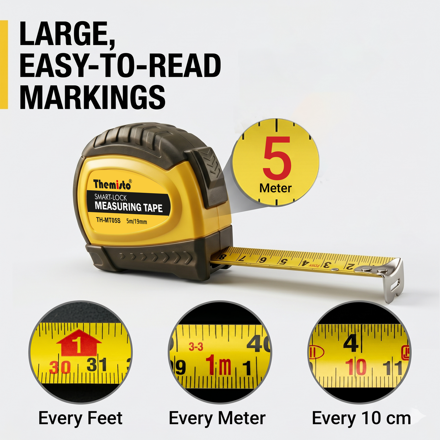 Themisto TH-MT05S 5m Smart Lock Measuring Tape | Steel Blade Tape Measure | Non Slip TPR Grip | 19mm Wide Scale | Easy Read Markings | One Button Retract | Wrist Strap | Belt Clip