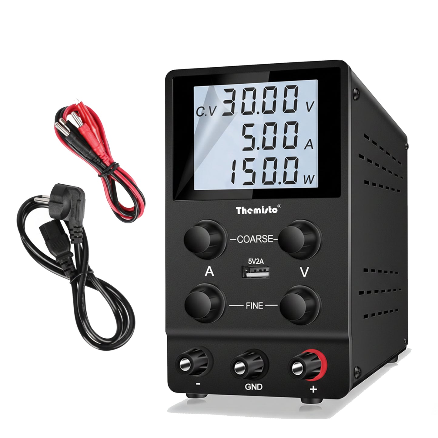 Themisto TH-SPS305D Adjustable DC Bench Power Supply 0–30V 0–5A, Regulated Switching Power Source with 5V/2A USB Output, 150W High Precision Lab Power Unit