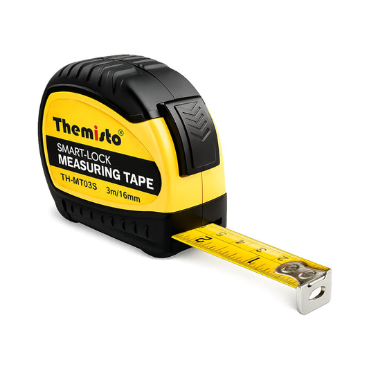 Themisto TH-MT03S 3m Smart Lock Measuring Tape | Steel Blade Tape Measure | 16mm Wide Scale | Easy Read Markings | One Button Retract | Wrist Strap | Belt Clip