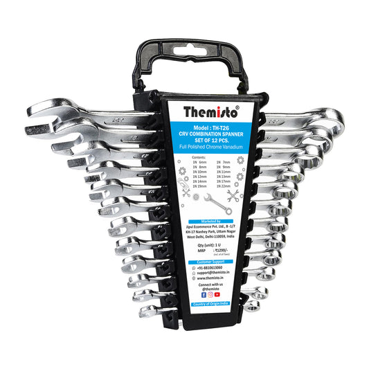 THEMISTO TH-T26 12 Pcs Combination Spanner Set | Open Jaw and Ring Spanners | Chrome Plated Durable Steel Wrench Tool Kit