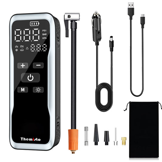 Themisto TH-TY02 Cordless Tyre Inflator 150 PSI , Dual Mode (6000mAh Battery & 12V Port), Pressure Gauge & LED SOS flashLight I Portable Air Compressor I Car, Motorcycle, Bicycles & Other Inflatables