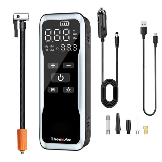 Themisto TH-TY02 Cordless Tyre Inflator 150 PSI , Dual Mode (6000mAh Battery & 12V Port), Pressure Gauge & LED SOS flashLight I Portable Air Compressor I Car, Motorcycle, Bicycles & Other Inflatables