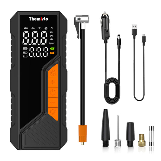 Themisto TH-TY04 Cordless Tyre Inflator 150 PSI, Dual Mode (6000mAh Battery & 12V Port), Pressure Gauge & LED SOS flashLight I Portable Air Compressor I Car, Motorcycle, Bicycles & Other Inflatables