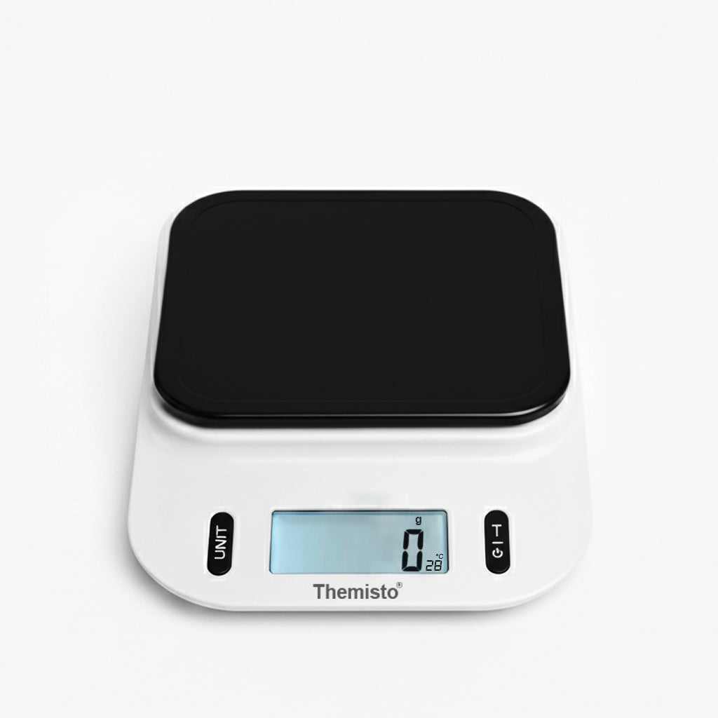 Digital kitchen scale with black top and white base