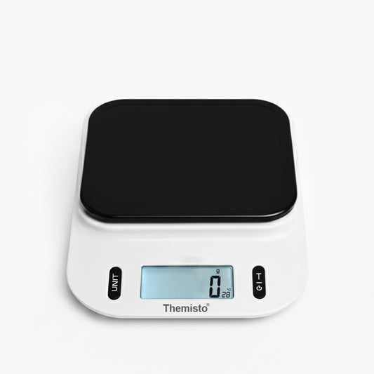 Digital kitchen scale with black top and white base