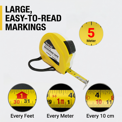 Themisto TH-MT05A 5m Auto Lock Measuring Tape | Steel Blade Tape Measure | 19mm Wide Scale | Easy Read Markings | One Button Retract | Wrist Strap | Belt Clip