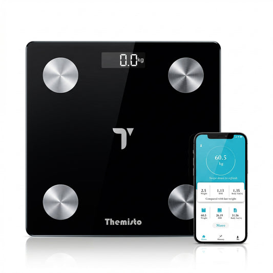 Themisto TH-WS100 Smart Body Weight Scale | Bluetooth App Sync |17 Body Parameters | Multi User Support | Accurate Tracking Ideal for Home and Gym Fitness | Black