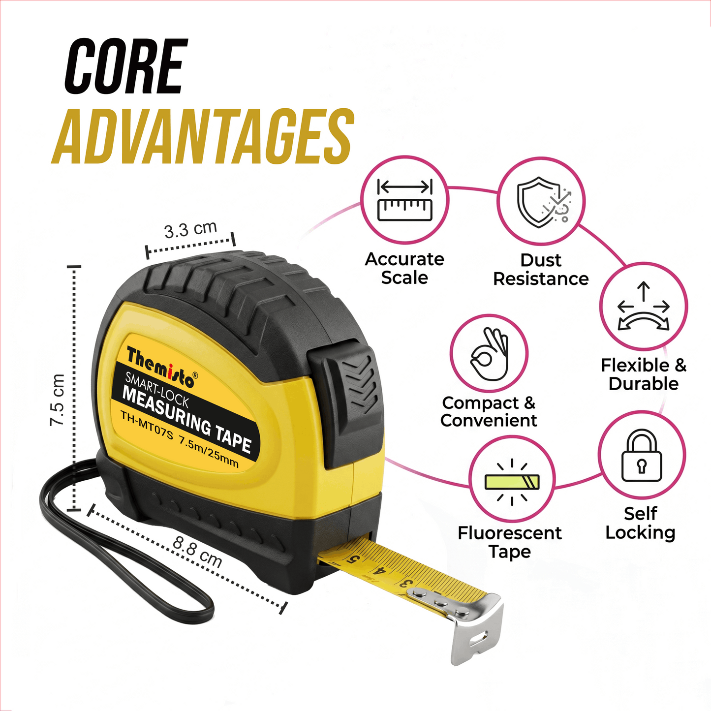 Themisto TH-MT07S 7.5m Smart Lock Measuring Tape | Steel Blade Tape Measure | Non Slip TPR Grip | 25mm Wide Scale | Easy Read Markings | One Button Retract | Wrist Strap | Belt Clip