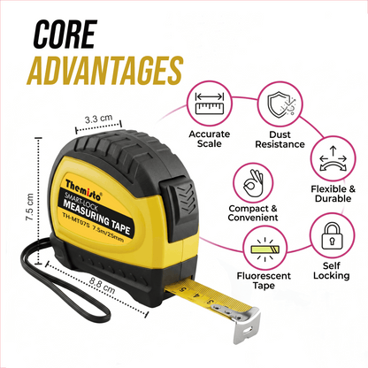 Themisto TH-MT07S 7.5m Smart Lock Measuring Tape | Steel Blade Tape Measure | Non Slip TPR Grip | 25mm Wide Scale | Easy Read Markings | One Button Retract | Wrist Strap | Belt Clip