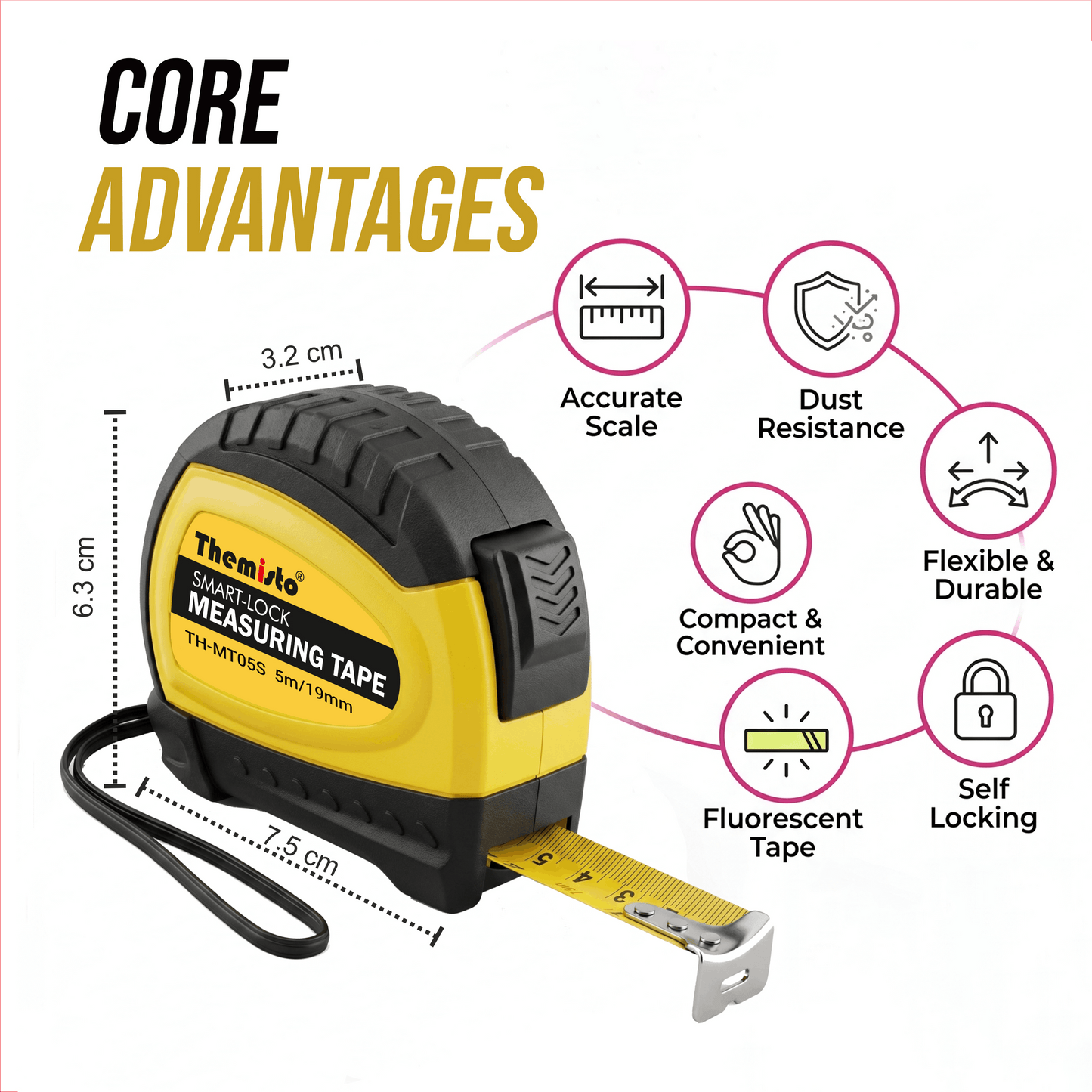 Themisto TH-MT05S 5m Smart Lock Measuring Tape | Steel Blade Tape Measure | Non Slip TPR Grip | 19mm Wide Scale | Easy Read Markings | One Button Retract | Wrist Strap | Belt Clip
