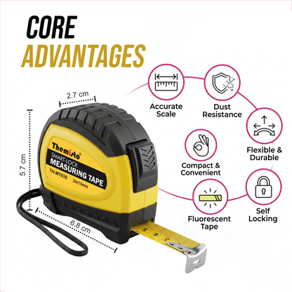 Themisto TH-MT03S 3m Smart Lock Measuring Tape | Steel Blade Tape Measure | 16mm Wide Scale | Easy Read Markings | One Button Retract | Wrist Strap | Belt Clip