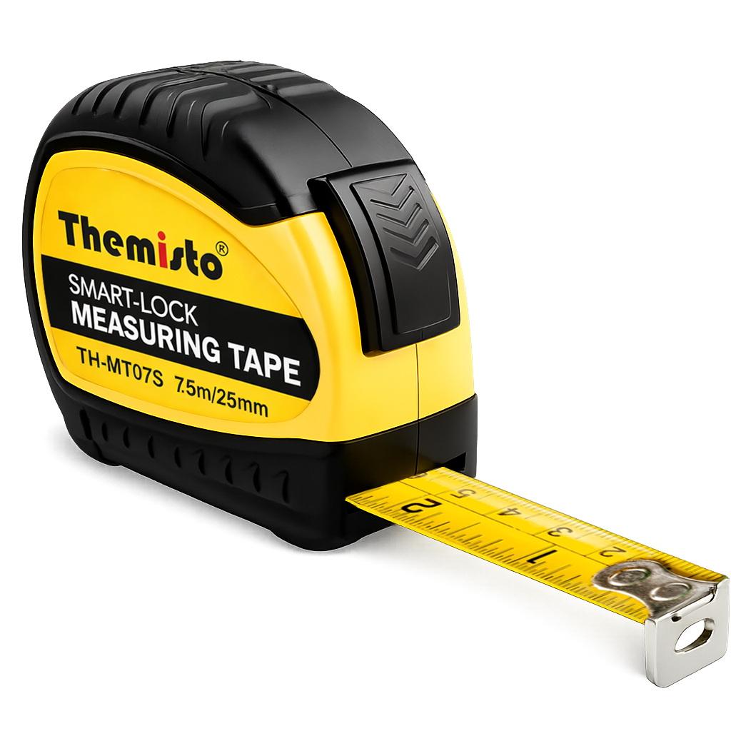 Themisto TH-MT07S 7.5m Smart Lock Measuring Tape | Steel Blade Tape Measure | Non Slip TPR Grip | 25mm Wide Scale | Easy Read Markings | One Button Retract | Wrist Strap | Belt Clip