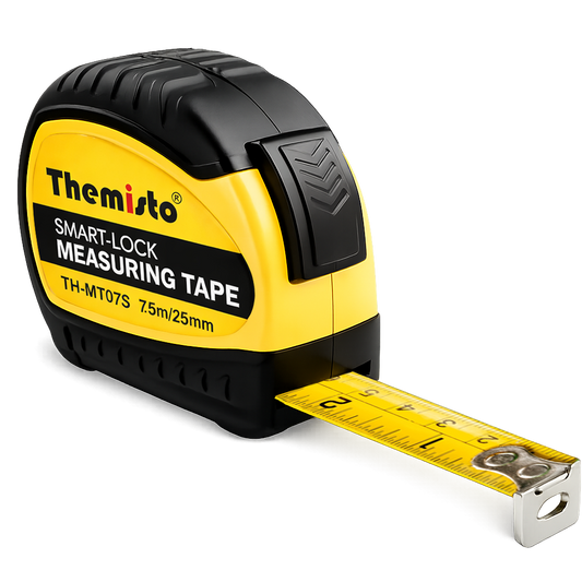 Themisto TH-MT07S 7.5m Smart Lock Measuring Tape | Steel Blade Tape Measure | Non Slip TPR Grip | 25mm Wide Scale | Easy Read Markings | One Button Retract | Wrist Strap | Belt Clip
