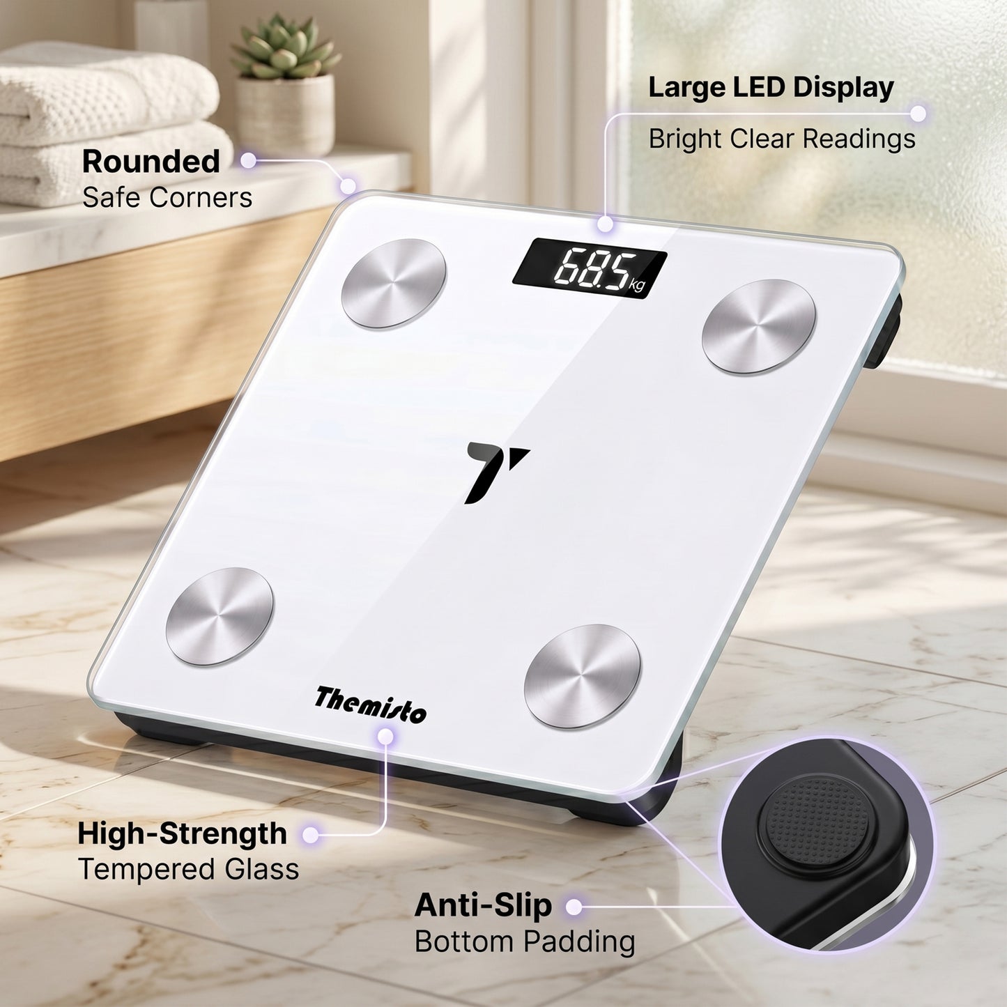 Themisto TH-WS100 Smart Body Weight Scale | Bluetooth App Sync | 17 Body Parameters | Multi User Support | Accurate Tracking Ideal for Home and Gym Fitness | White