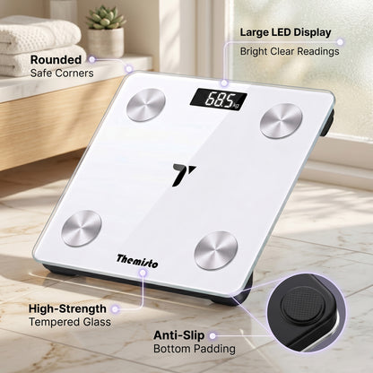 Themisto TH-WS100 Smart Body Weight Scale | Bluetooth App Sync | 17 Body Parameters | Multi User Support | Accurate Tracking Ideal for Home and Gym Fitness | White