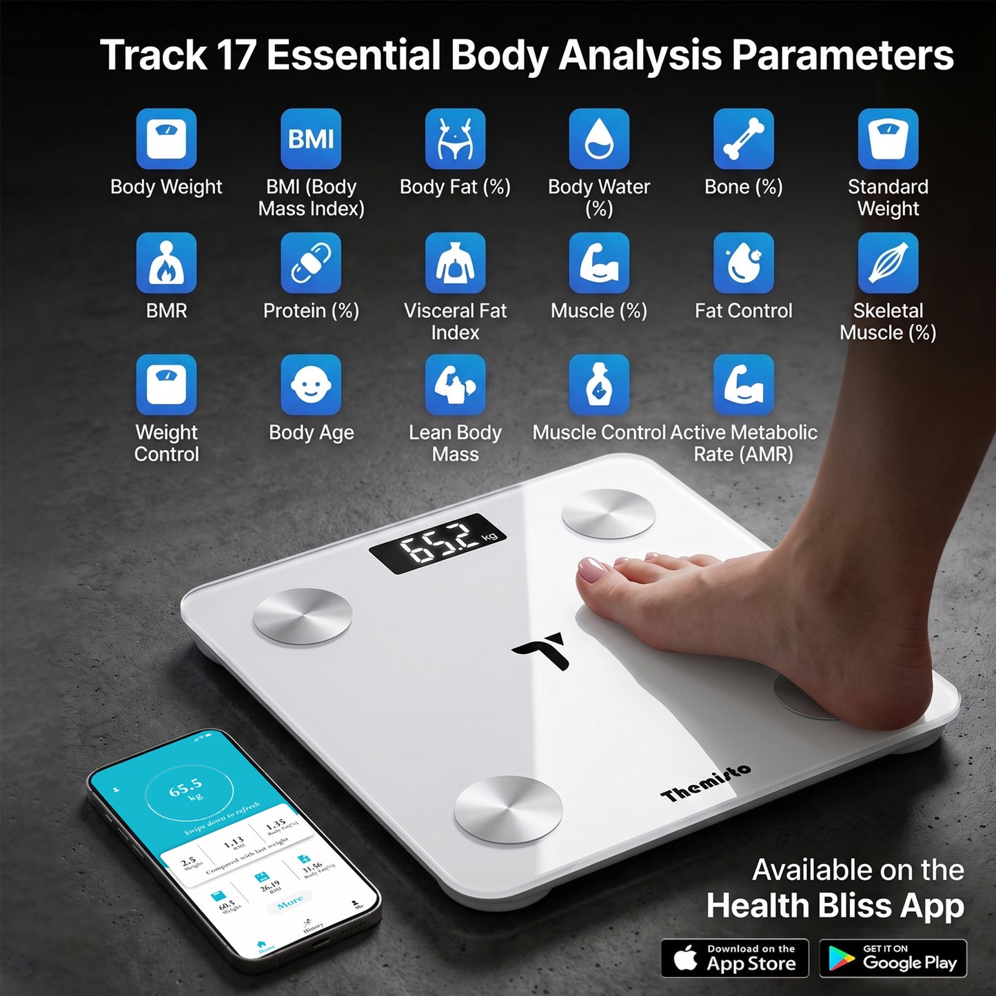 Themisto TH-WS100 Smart Body Weight Scale | Bluetooth App Sync | 17 Body Parameters | Multi User Support | Accurate Tracking Ideal for Home and Gym Fitness | White