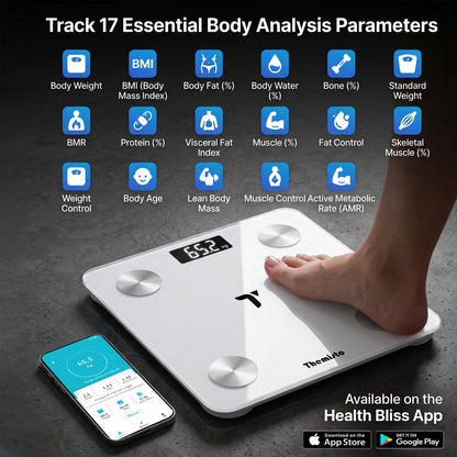 Themisto TH-WS100 Smart Body Weight Scale | Bluetooth App Sync | 17 Body Parameters | Multi User Support | Accurate Tracking Ideal for Home and Gym Fitness | White