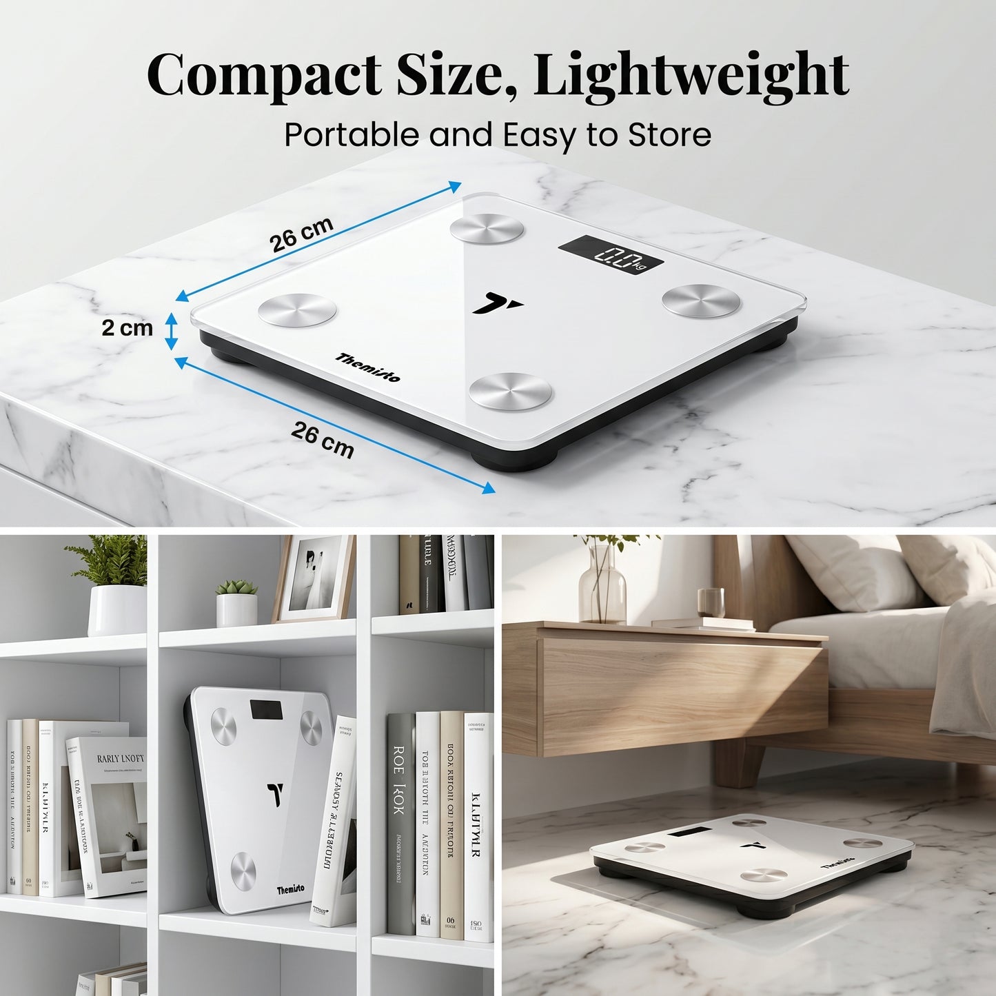 Themisto TH-WS100 Smart Body Weight Scale | Bluetooth App Sync | 17 Body Parameters | Multi User Support | Accurate Tracking Ideal for Home and Gym Fitness | White