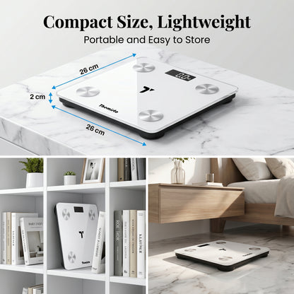 Themisto TH-WS100 Smart Body Weight Scale | Bluetooth App Sync | 17 Body Parameters | Multi User Support | Accurate Tracking Ideal for Home and Gym Fitness | White