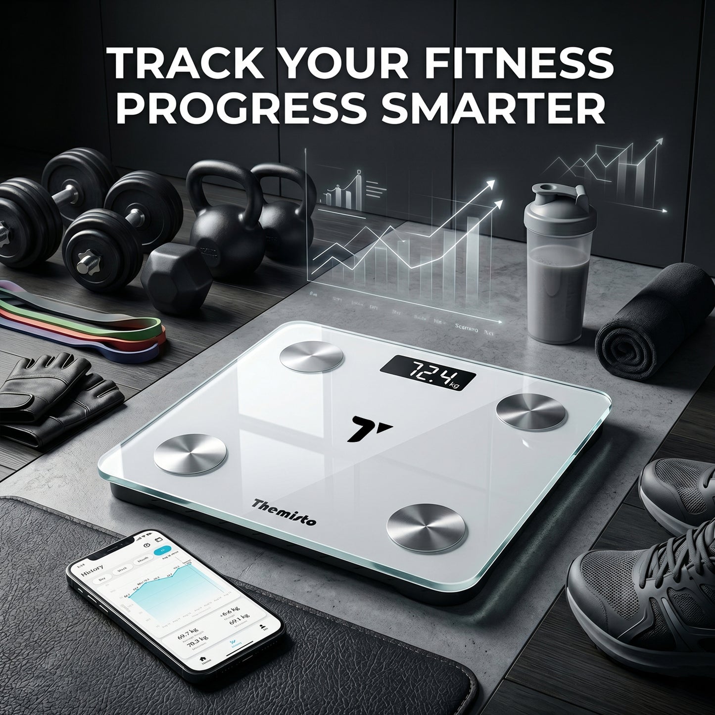 Themisto TH-WS100 Smart Body Weight Scale | Bluetooth App Sync | 17 Body Parameters | Multi User Support | Accurate Tracking Ideal for Home and Gym Fitness | White