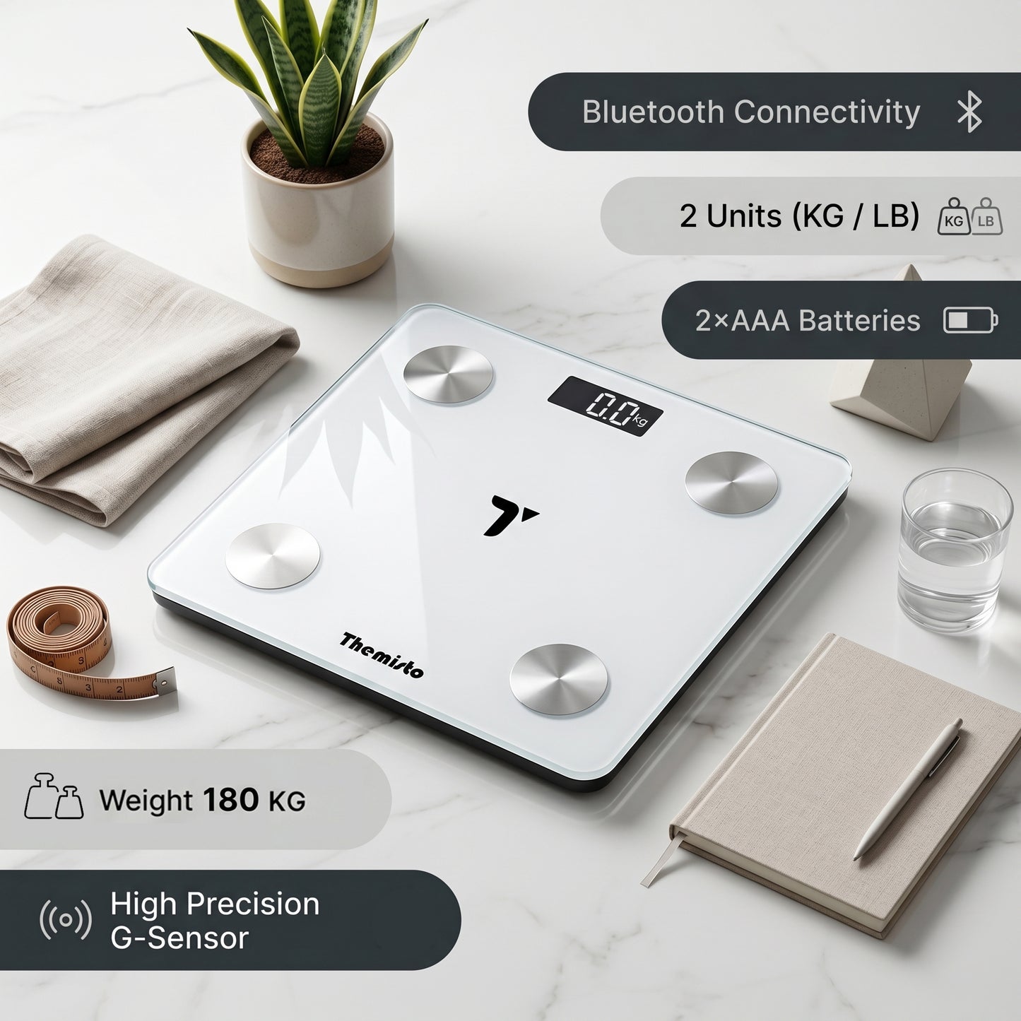 Themisto TH-WS100 Smart Body Weight Scale | Bluetooth App Sync | 17 Body Parameters | Multi User Support | Accurate Tracking Ideal for Home and Gym Fitness | White