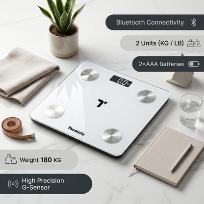 Themisto TH-WS100 Smart Body Weight Scale | Bluetooth App Sync | 17 Body Parameters | Multi User Support | Accurate Tracking Ideal for Home and Gym Fitness | White