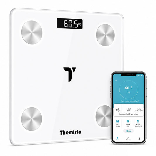 Themisto TH-WS100 Smart Body Weight Scale | Bluetooth App Sync | 17 Body Parameters | Multi User Support | Accurate Tracking Ideal for Home and Gym Fitness | White