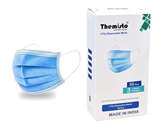 Themisto 50 PCs 3 Ply Protective Surgical Face Mask, Certified, Melt Blown - SMMS Layer Fabric, BFE >99% & PFE >99% | Disposable, Anti-Microbial, Reusable Masks with Adjustable Nose Pin
