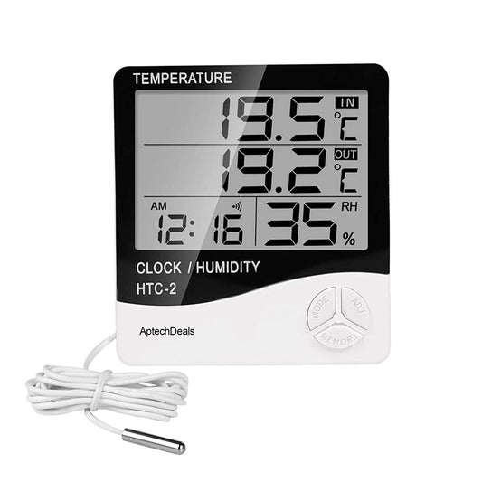 ApTechDeals Digital Hygrometer Thermometer Humidity Meter With Clock LCD Display (HTC2)